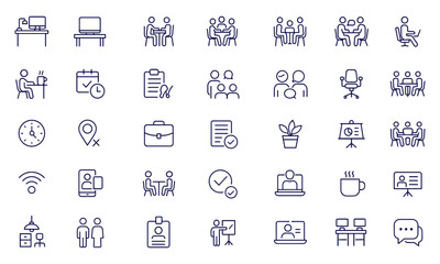 Office workspace, coworking icon set, line style vector illustration for web, mobile, business desk, computer, laptop, meeting, teamwork, collaboration, freelance, modern workplace, productivity