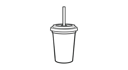 Minimalist black outline of a refreshing drink in a disposable cup with straw, perfect for summer projects