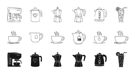 Essential kitchen drinks collection with coffee maker, moka pot, kettle, tea and cocktail illustrations