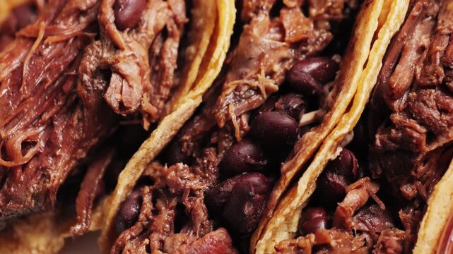 Traditional Mexican food tacos with pulled pork or beef, beans. High quality 4k footage
