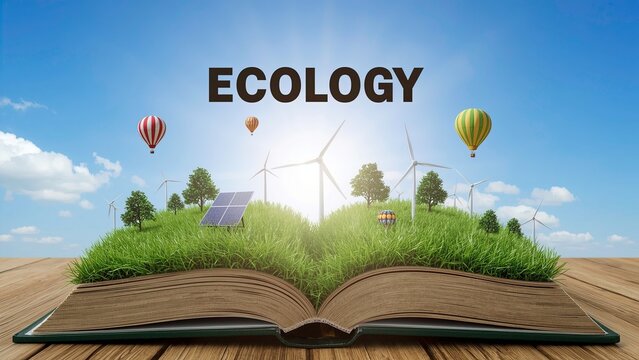 Ecology concept, Grass on book and blue sky with cloud background 3d rendering image