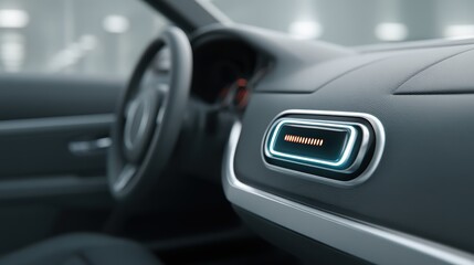 A sleek car interior featuring modern controls and ambient lighting, emphasizing advanced design and technology.
