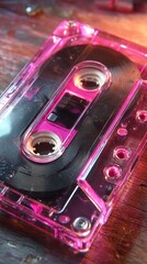 Close-up of a retro cassette illuminated by vibrant pink light