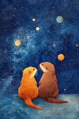 A brown and orange otter enjoy friendship together under endless starry universe