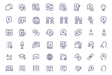 Language Translation Communication Web Icon Set, Linear Style Vector Illustration with Speech, Dictionary, Text, Writing, Vocabulary, Chat, Global Message, Online Multilingual Learning, Education © Icons studio