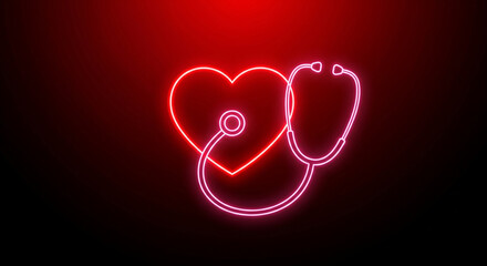 Vibrant neon stethoscope entwined with a glowing heart on a dramatic red and black background, symbolizing health, care, and medical innovation