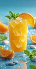 Refreshing cold beverage with ice cubes and juicy orange slices