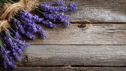 Fresh lavender bouquet laying on rustic wooden texture with space