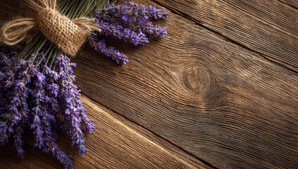Fresh lavender bouquet laying on rustic wooden texture with space