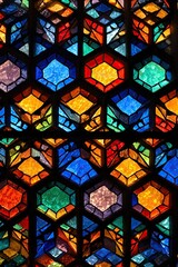 Intricate pentagonal stained glass design featuring vibrant colors and geometric pattern