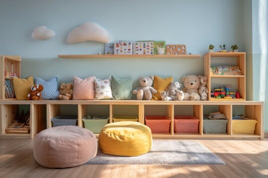 Cozy Kindergarten Playroom with Toys and Cushions