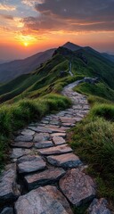 Sunlight illuminates the stone path stretching across hills in peaceful morning