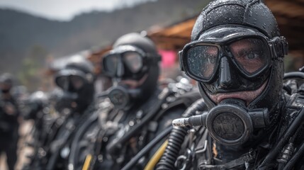 Underwater Warfare: a line of divers stand ready, fully equipped for underwater combat, clad in black, their masks reflecting the serious determination on their faces.