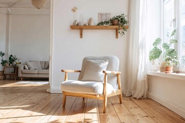 Sunlight fills the cozy living room with armchair and wooden decor shelf