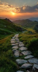 The old trail leads through lush grass towards the horizon at sunrise