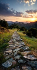 Sunlight illuminates the stone path stretching across hills in peaceful morning