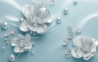 3D Elegant Floral Flowers on a Light Blue Water Background with Silver Pearls and Diamonds