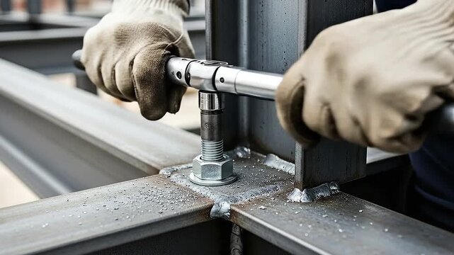 Worker's hands tightening a bolt on a steel structure with a torque wrench