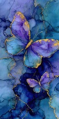 Butterflies blended into abstract blue marble texture with golden veins