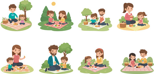 Happy cartoon families enjoying outdoor picnic in nature with kids, food, trees, sunshine, and bonding moments on colorful blankets
