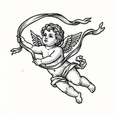Adorable Cherub Flying with Ribbon - Woodcut Engraving Style Illustration