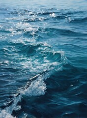 Photorealistic view of ocean waves creating gentle ripples under sunlight reflection