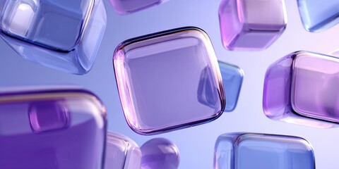Various rounded glass cubes hover in abstract modern design with soft reflections