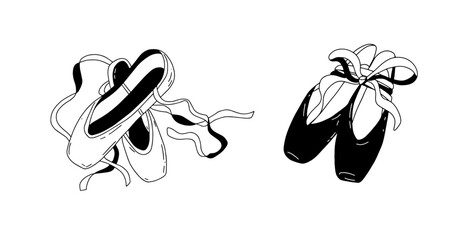 Pointe shoes with ribbons hand drawn line vector illustration set. Pair of Ballet footwear sketch drawings. Dancing symbol and icon.