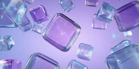 Various rounded glass cubes hover in abstract modern design with soft reflections