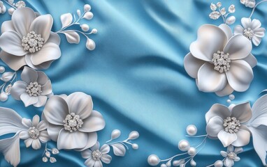 3D Elegant Floral Flowers on a Light Blue Water Background with Silver Pearls and Diamonds
