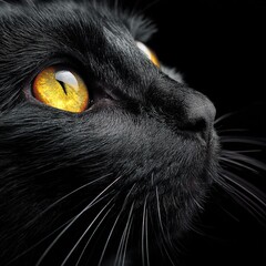Stunning macro shot of a black cat with glowing yellow eyes