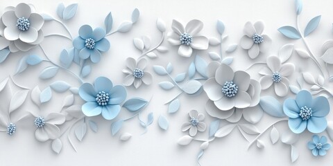3D floral pattern, leaves and flowers, white background with blue accents, elegant, detailed, seamless wallpaper