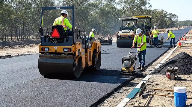 Road Construction Workers Paving a New Asphalt Highway with Heavy Machinery