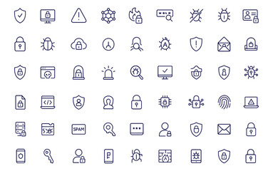 Cybersecurity icon set, line style vector illustration for web and mobile apps, data protection, network security, password lock, shield access, hacker defense, digital safety, privacy