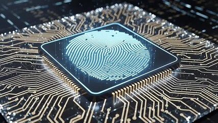 Futuristic biometric security system with fingerprint authentication on a computer microchip - Powered by Adobe