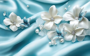 3D Elegant Floral Flowers on a Light Blue Water Background with Silver Pearls and Diamonds