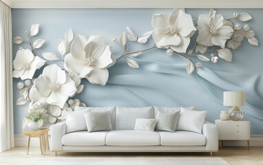 3D floral white flowers with pearls and diamonds, butterflies on a light blue silk background, an elegant wall mural