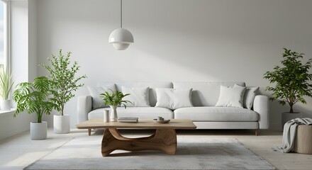 Fototapeta premium Bright and Minimalist Living Room with Potted Plants and Wooden Coffee Table