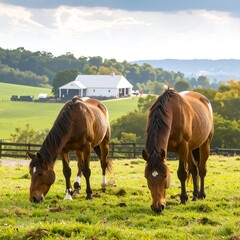 Obraz premium Two brown horses graze peacefully in a lush green field, a picturesque country setting with a backdrop of a charming white barn.