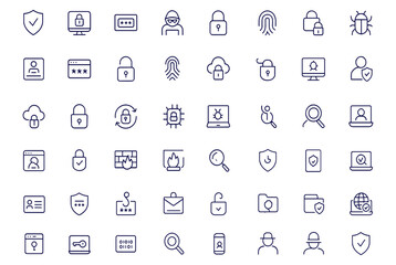 Cybersecurity icons set, line style vector illustration for web, mobile app, internet protection, data safeguard, password, lock, shield, hacker, firewall, privacy, encryption, malware, antivirus