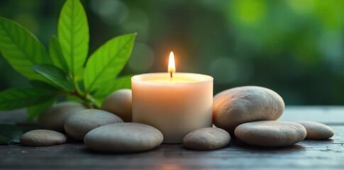 A luxurious spa candle, burning softly, sits amidst smooth, polished stones and lush green foliage, creating a tranquil and serene atmosphere perfect for relaxation and self-care , candle, flame