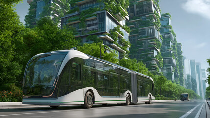 Obraz premium Eco-City Commute: A sleek, electric bus glides along a verdant boulevard in a sustainable city, where buildings are embraced by nature. 