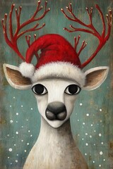 Reindeer wearing Santa hat. Painting in whimsical style. Ai Generative