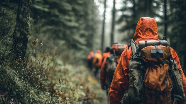 Encounter in the Woods: A group of hikers, donned in waterproof outerwear and carrying essential gear, advance along a forest trail, fully immersed in the immersive beauty of the landscape.