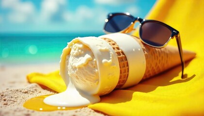 A melting ice cream cone drips down a sunny yellow beach towel, sunglasses perched precariously on top Summer's heat is on full blast, but the humor is undeniable , holiday, beach scene