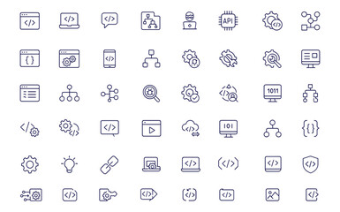 Coding, programming, developer and software icons set, line style for web and mobile apps, code, API, IT, workflow, testing, deploy, monitor, algorithm, vector illustration, website, outline