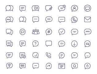 Chat message bubble icon set, linear vector illustration, online communication, talk, dialog, conversation, SMS, notification, group chat, social network, chatting, feedback, app, speech