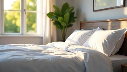 A neatly made bed with crisp white sheets and pillows, sunlight streaming through a window , cleanliness, hygiene