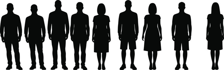 Silhouettes of diverse men and women standing in row, casual and formal clothes, group people vector illustration for business.