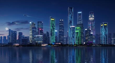 Obraz premium Vibrant Neon Cityscape Reflecting in Water at Night